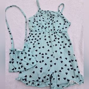 Mint Heart Print Romper with Matching Crossbody Bag